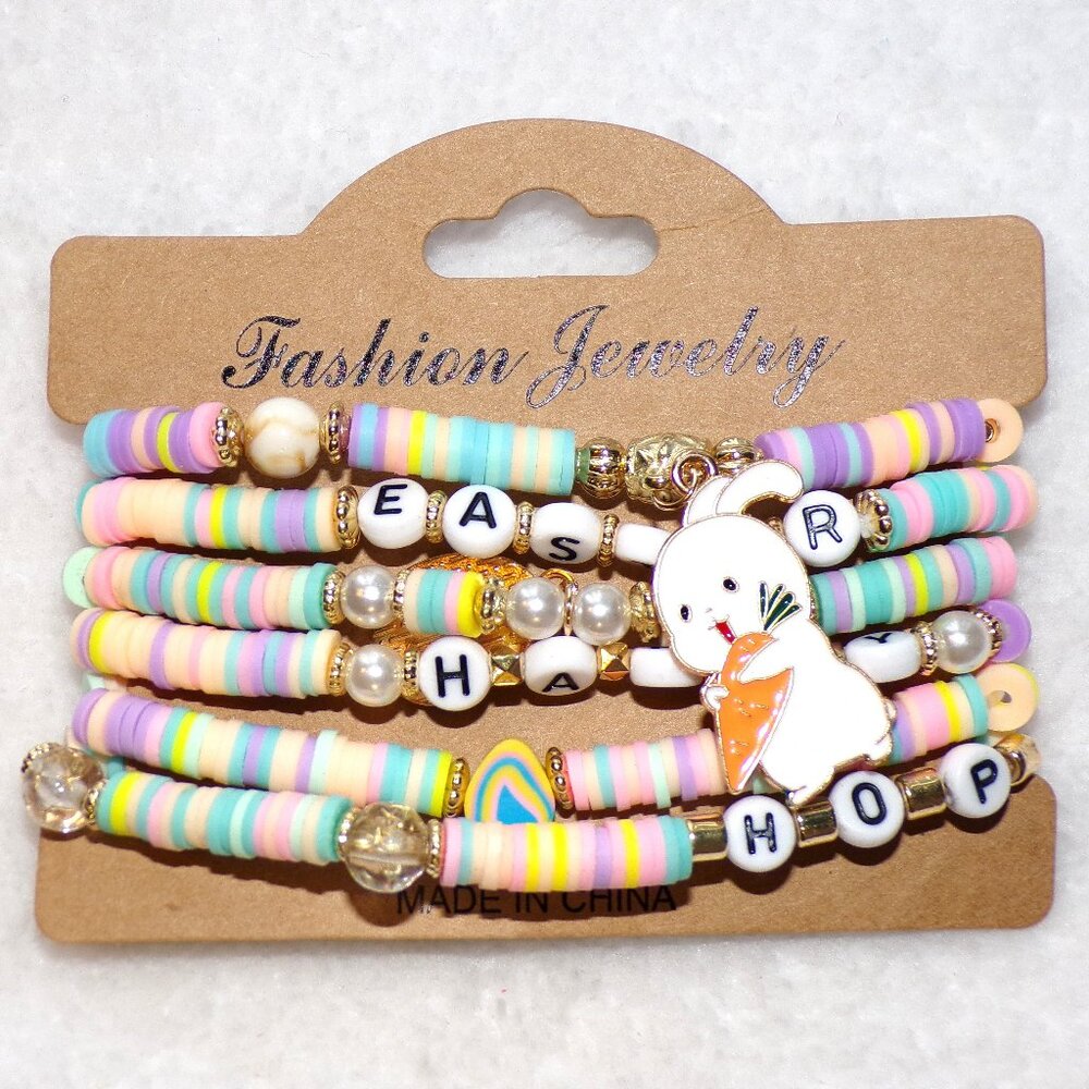 Easter Stretch Bracelet 6PC Set Rabbit Egg Charms - Picture 4 of 4